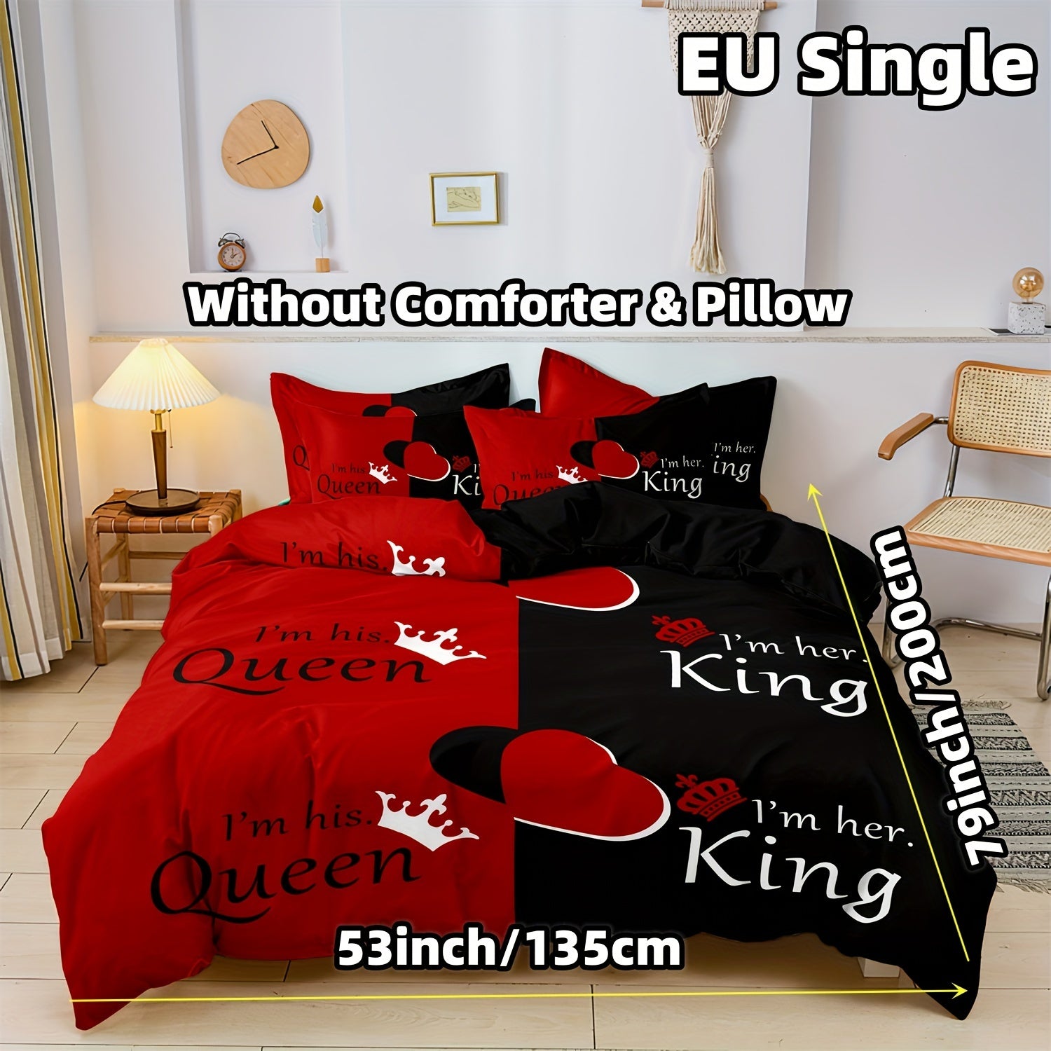 Dark Red And Black Three-Piece Bedding Set with Queen & King Size Featuring Printed English Letters on The Duvet Cover And Pillowcases.