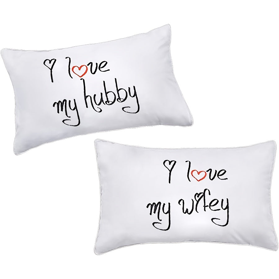 2-Pack Contemporary Polyester Pillowcases, "I Love My Wifey" & "I Love My Hubby" Couples Pillow Covers, Machine Washable, Zipper Closure, Romantic Anniversary & Valentine'S Day Gift, Single-Sided, No Insert - Various Room Types