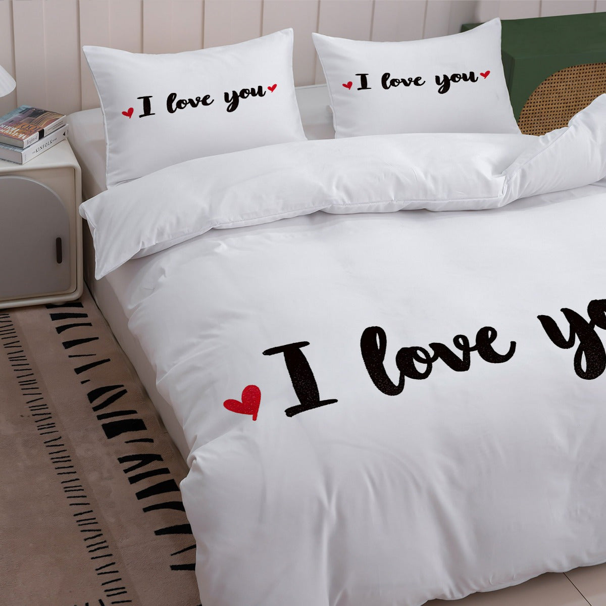 3pcs Romantic White Bed Linen Set Featuring 'I Love You' Design (1 Duvet Cover + 2 Pillowcases, Excluding Insert) - Ideal for Couples And Valentine'S Day