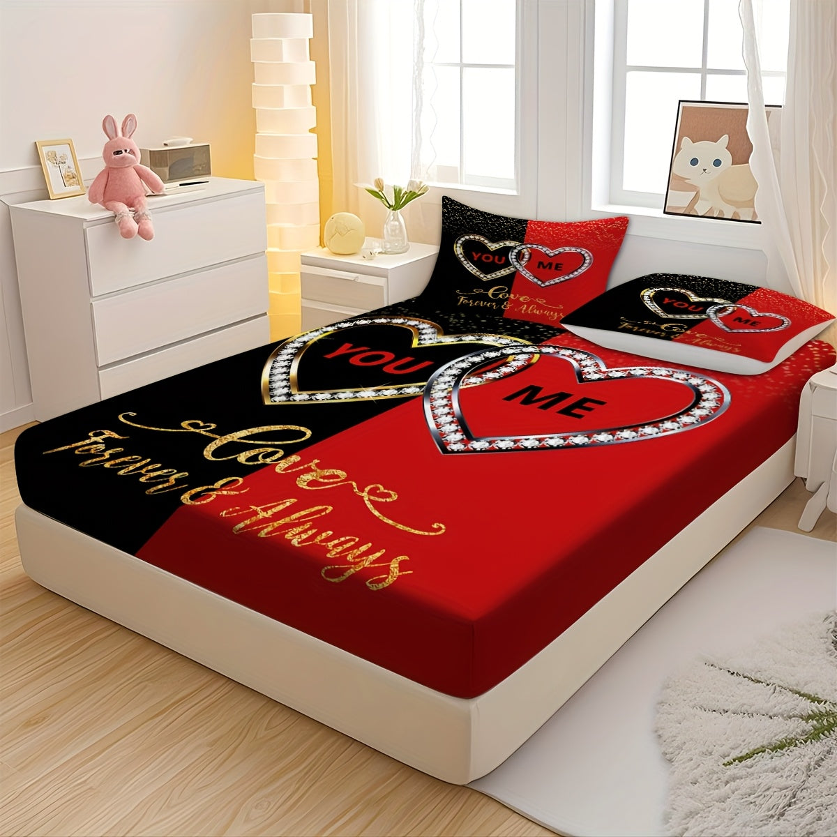 3pcs Creative High-definition Couple Heart Diamond Theme Pattern Printed Bed Hat Set, Super Soft, Comfortable And Breathable Bed Hat, Bedding Mattress Protective Cover + 2 Pillowcases (coreless), Polyester Material. The Polyester Material Fabric