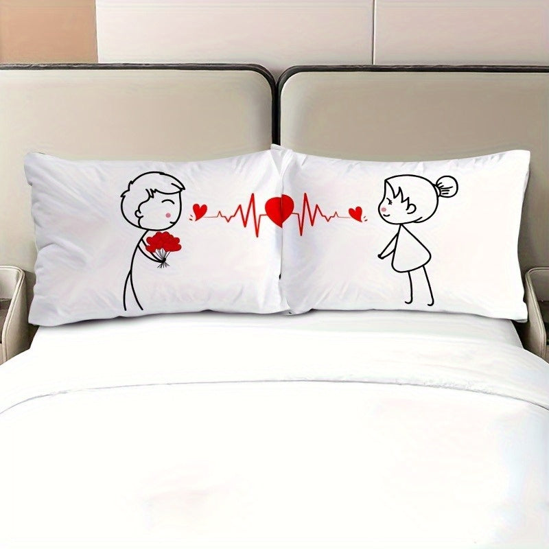 2-Pack Romantic Couple Cartoon Pillowcases - French Style Endless Love Design, Soft Polyester Single-Sided Print, Wrinkle & Fade Resistant, All-Season White Bedding with Zipper Closure (Pillow Inserts Not Included), Bed Room Decor And Accessories