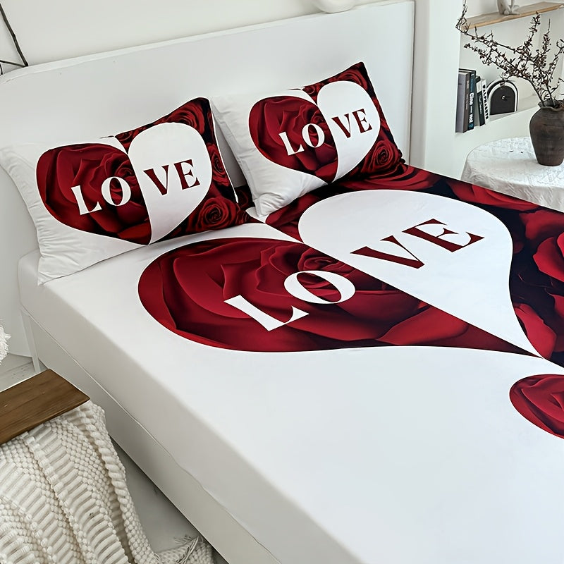 3pcs Red And White Love Heart Bed Sheet(1pc Bed Sheet+2pcs Pillowcase No Filling), Deep Pocket In 15 Inch Machine Washable, Hypoallergenic, High Quality Mattress Protector Bedroom Dormitory High Definition Printing All Seasons Room Decor Couple Gifts