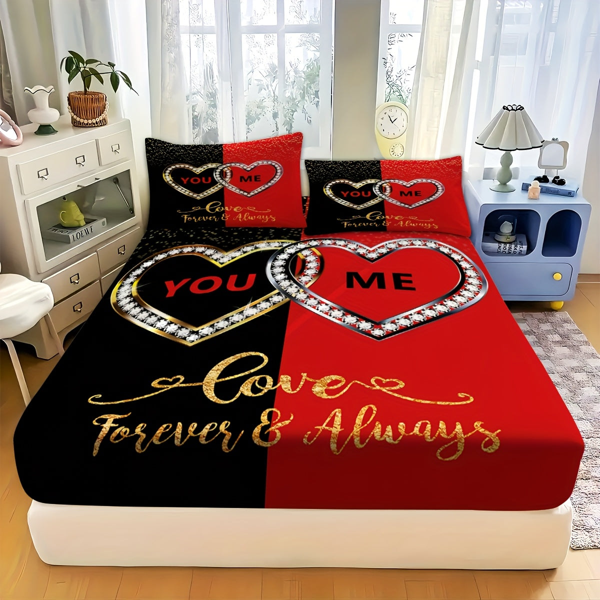 3pcs Creative High-definition Couple Heart Diamond Theme Pattern Printed Bed Hat Set, Super Soft, Comfortable And Breathable Bed Hat, Bedding Mattress Protective Cover + 2 Pillowcases (coreless), Polyester Material. The Polyester Material Fabric