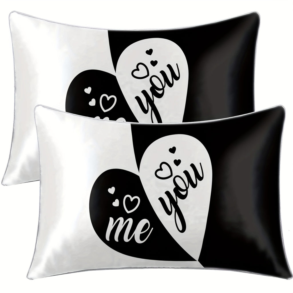 2pcs Black & White "You & Me" Heart Print Satin Pillowcases - 100% Polyester Envelope Closure Bedroom Decor, All-Season Machine Washable Romantic Couples Gift, Valentine Bedding, Home Decor, Modern Design, Durable Material, Decorative Pillows, Home