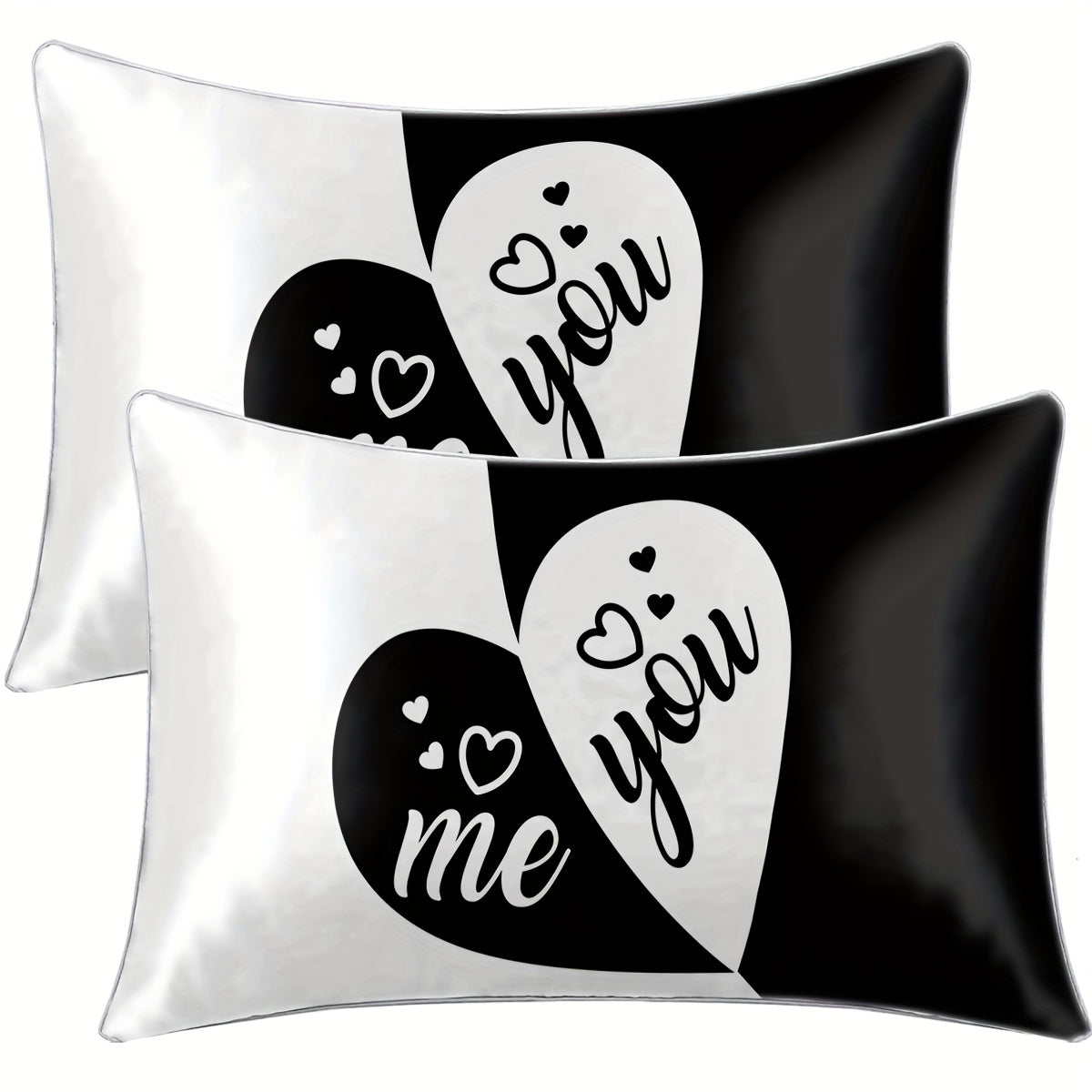 2pcs Black & White "You & Me" Heart Print Satin Pillowcases - 100% Polyester Envelope Closure Bedroom Decor, All-Season Machine Washable Romantic Couples Gift, Valentine Bedding, Home Decor, Modern Design, Durable Material, Decorative Pillows, Home