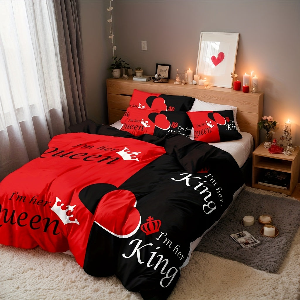 Dark Red And Black Three-Piece Bedding Set with Queen & King Size Featuring Printed English Letters on The Duvet Cover And Pillowcases.