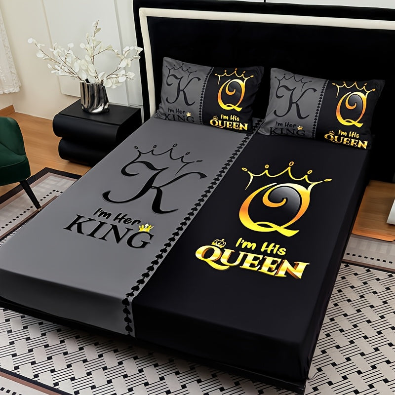 3pcs Super Soft Breathable Black Grey Color Blocking Crown Letter Bed Sheet (1pc Bed Sheet+2pcs Pillowcase No Filling), Deep Pocket In 15 Inch, Mattress Protector Bedroom Dormitory High Definition Printing Suitable For All Seasons Room Decor