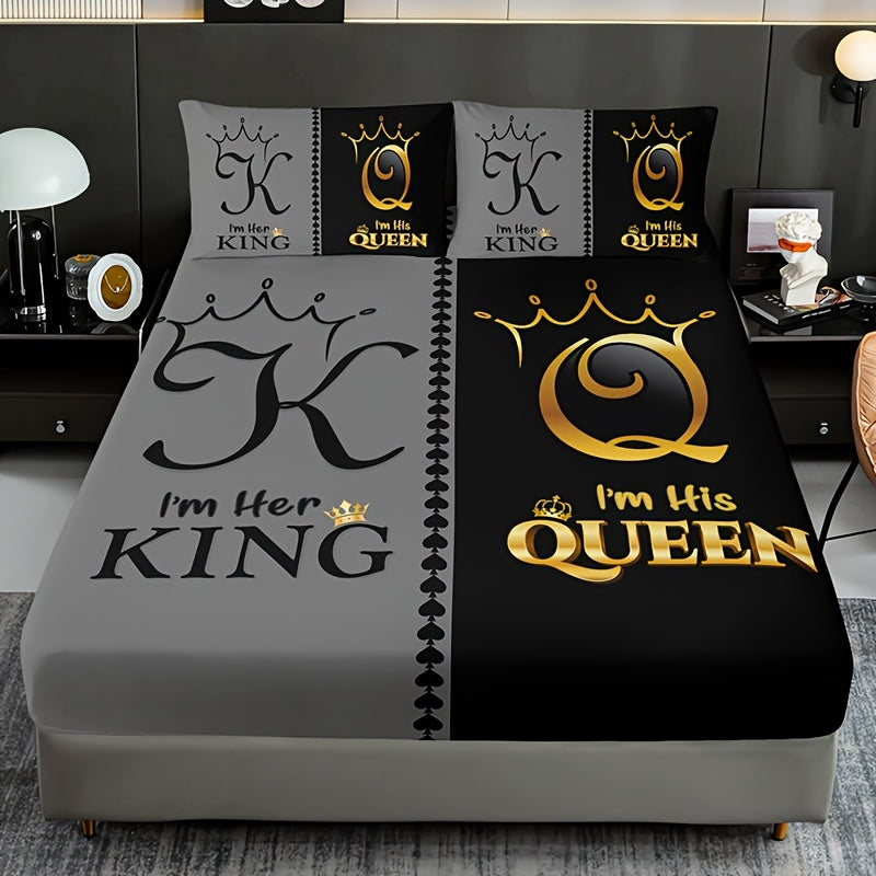 3pcs Royal Crown King & Queen Themed Bedding Set - 100% Polyester Microfiber, Breathable & All-Season, Machine Washable - Includes Fitted Sheet and 2 Pillowcases, High-Definition Digital Print Bedroom Decor