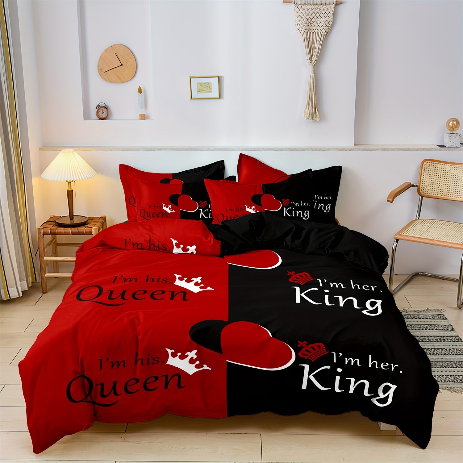 Dark Red And Black Three-Piece Bedding Set with Queen & King Size Featuring Printed English Letters on The Duvet Cover And Pillowcases.