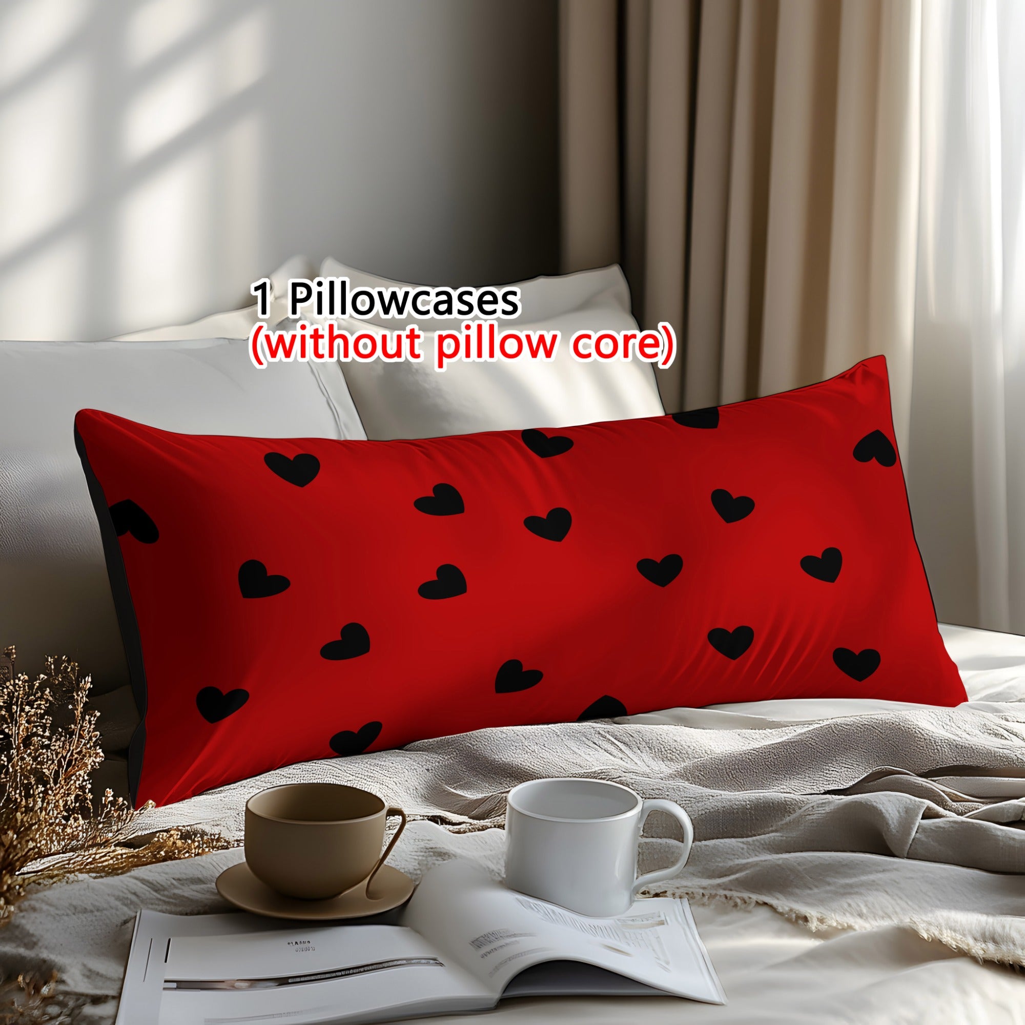 1pc Love-Themed Pillowcase - Large 3D Digital Printed, Soft & Skin-Friendly Polyester, Red with Black Hearts Design, Perfect for Bedroom, Guest Room, or as a Romantic Gift for Couples, Birthdays, and More, Gift Pillow Cover | 3D Printed Design | Soft