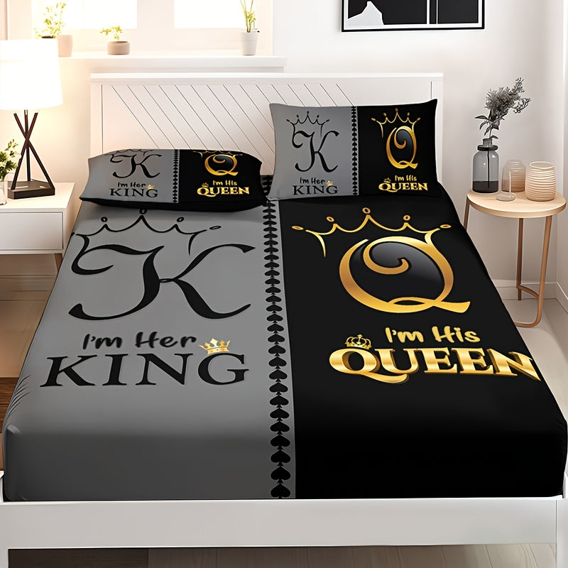 3pcs Royal Crown King & Queen Themed Bedding Set - 100% Polyester Microfiber, Breathable & All-Season, Machine Washable - Includes Fitted Sheet and 2 Pillowcases, High-Definition Digital Print Bedroom Decor