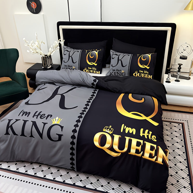 3pcs Ultra Soft Breathable Crown King Queen Letter Duvet Cover Set, 1 Duvet Cover + 2 Pillowcases Without Pillow Inserts, Home Dorm High-Definition Digital Print, Suitable for Bedroom and Living Room Room Decor, All-Season
