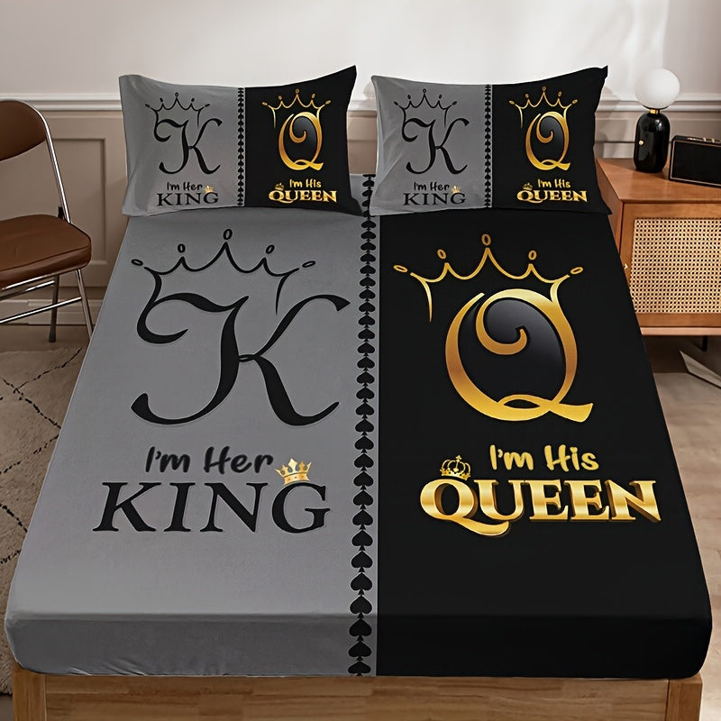 3pcs Royal Crown King & Queen Themed Bedding Set - 100% Polyester Microfiber, Breathable & All-Season, Machine Washable - Includes Fitted Sheet and 2 Pillowcases, High-Definition Digital Print Bedroom Decor
