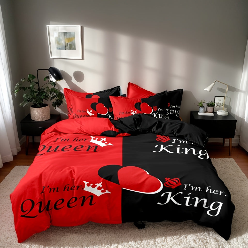 Dark Red And Black Three-Piece Bedding Set with Queen & King Size Featuring Printed English Letters on The Duvet Cover And Pillowcases.
