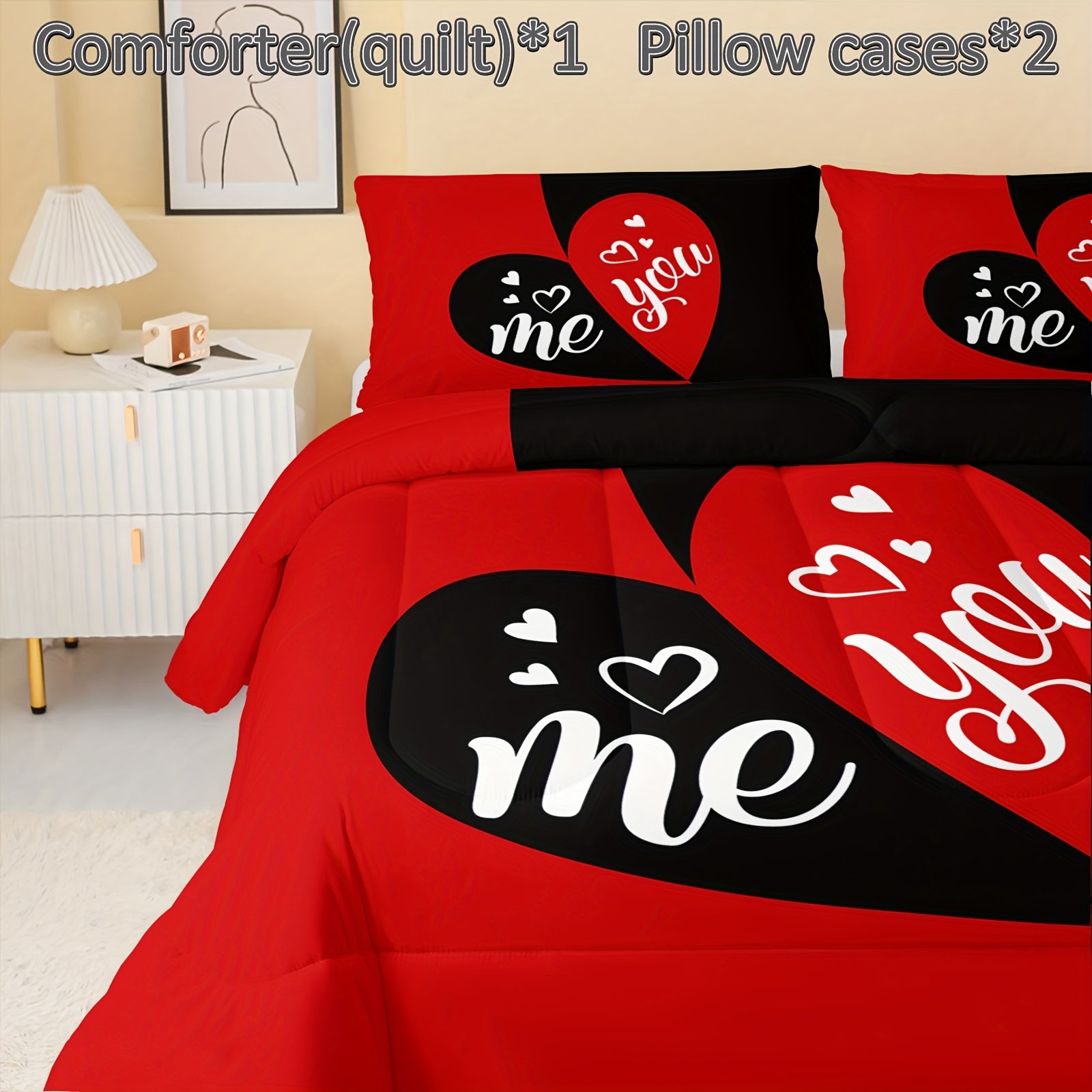 3pcs Mr Mrs Bedding Set Queen, You And Me Comforter for Adults Couple Men Women, Black And Red Bedding Set, His And Hers Comforter, Romance Bedding, Valentine's Day Wedding Gifts, 1 Quilt 2 Pillowcases