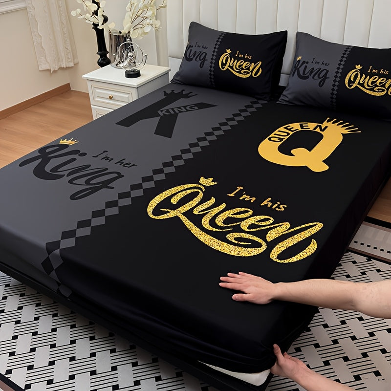 3pcs Super Soft Breathable Black Grey Color Blocking Crown Letter Bed Sheet (1pc Bed Sheet+2pcs Pillowcase No Filling), Deep Pocket In 15 Inch, Mattress Protector Bedroom Dormitory High Definition Printing Suitable For All Seasons Room Decor