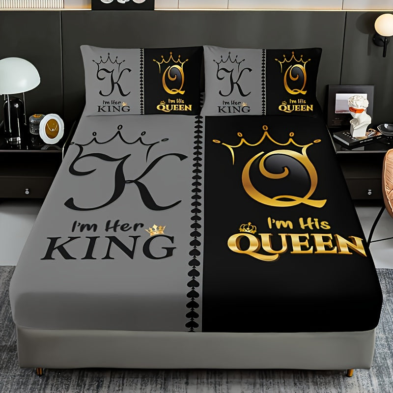 3pcs Super Soft Breathable Black Grey Color Blocking Crown Letter Bed Sheet (1pc Bed Sheet+2pcs Pillowcase No Filling), Deep Pocket In 15 Inch, Mattress Protector Bedroom Dormitory High Definition Printing Suitable For All Seasons Room Decor