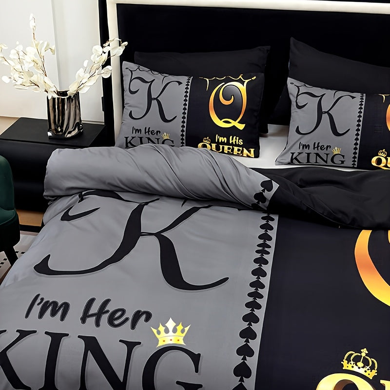3pcs Ultra Soft Breathable Crown King Queen Letter Duvet Cover Set, 1 Duvet Cover + 2 Pillowcases Without Pillow Inserts, Home Dorm High-Definition Digital Print, Suitable for Bedroom and Living Room Room Decor, All-Season