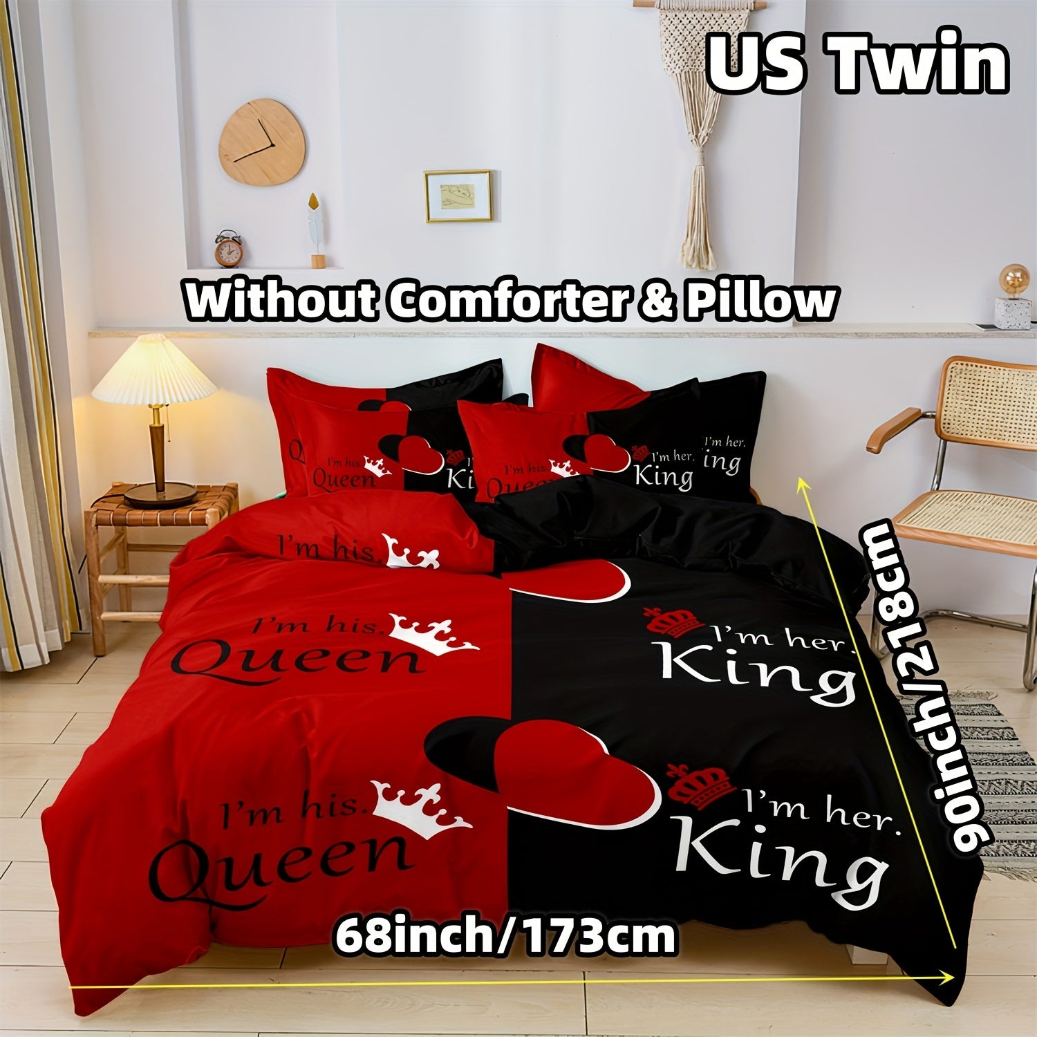 Dark Red And Black Three-Piece Bedding Set with Queen & King Size Featuring Printed English Letters on The Duvet Cover And Pillowcases.
