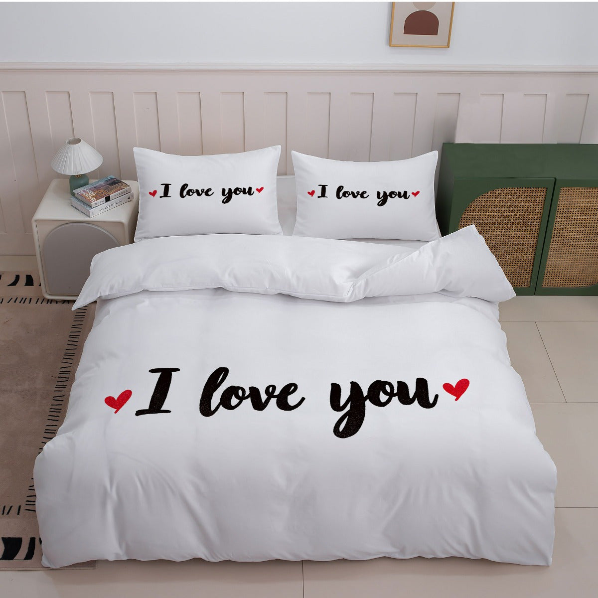 3pcs Romantic White Bed Linen Set Featuring 'I Love You' Design (1 Duvet Cover + 2 Pillowcases, Excluding Insert) - Ideal for Couples And Valentine'S Day