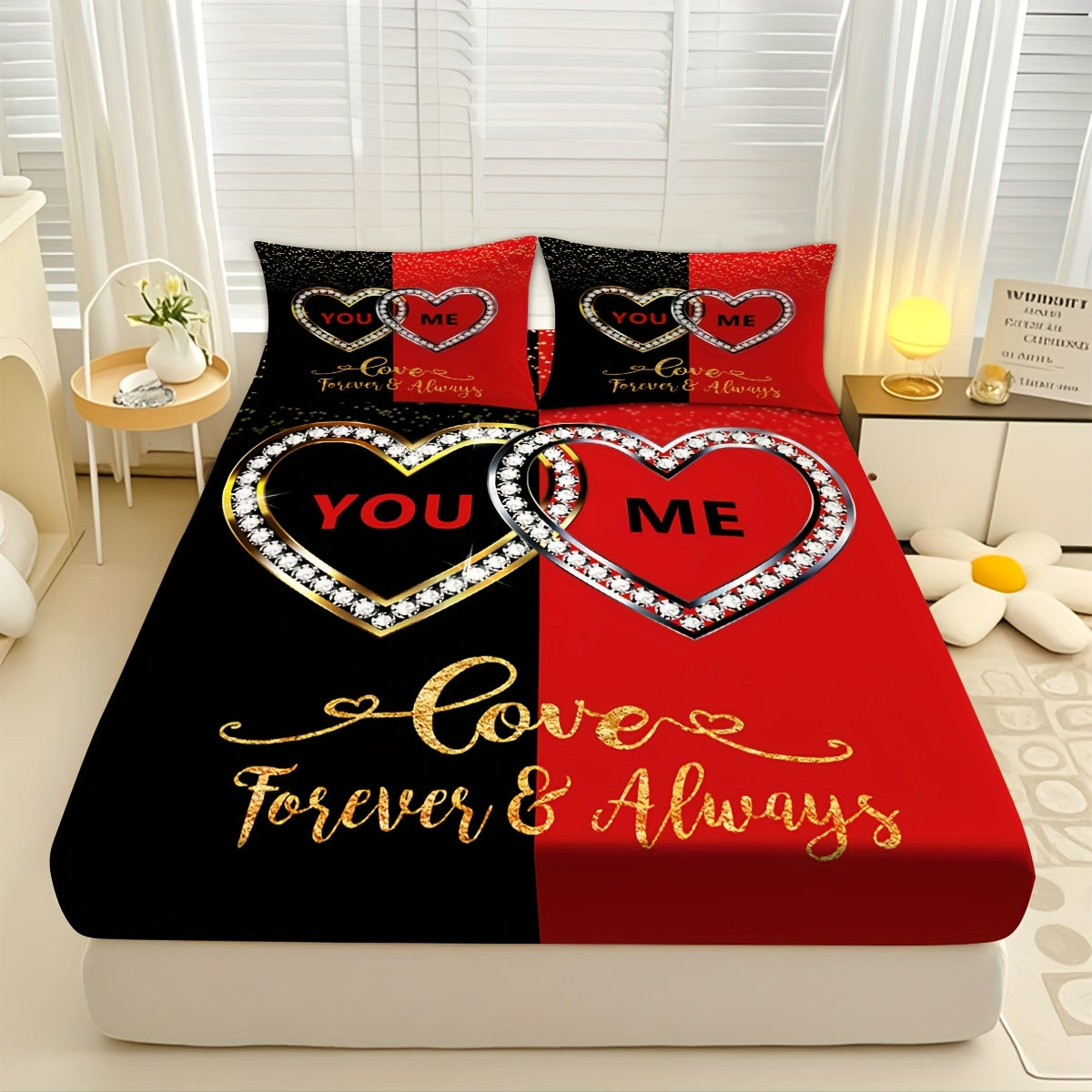 3pcs Creative High-definition Couple Heart Diamond Theme Pattern Printed Bed Hat Set, Super Soft, Comfortable And Breathable Bed Hat, Bedding Mattress Protective Cover + 2 Pillowcases (coreless), Polyester Material. The Polyester Material Fabric
