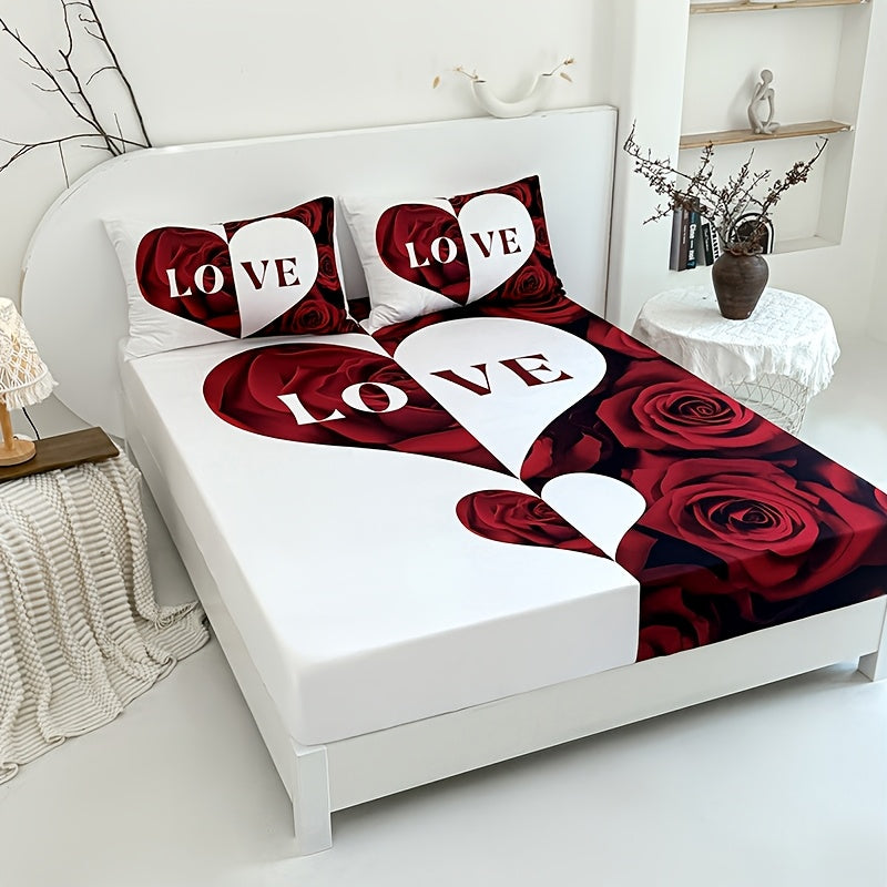 3pcs Red And White Love Heart Bed Sheet(1pc Bed Sheet+2pcs Pillowcase No Filling), Deep Pocket In 15 Inch Machine Washable, Hypoallergenic, High Quality Mattress Protector Bedroom Dormitory High Definition Printing All Seasons Room Decor Couple Gifts