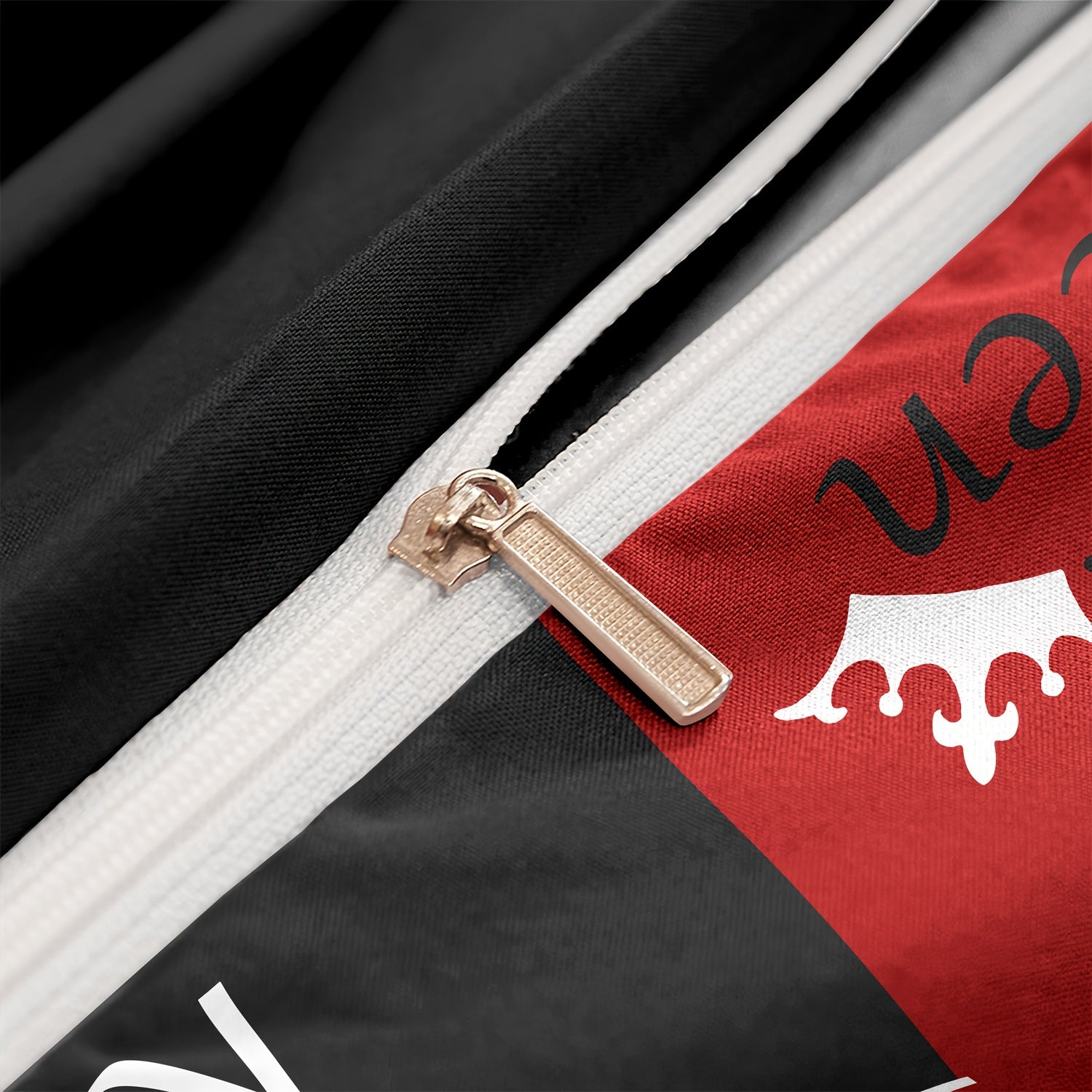 Dark Red And Black Three-Piece Bedding Set with Queen & King Size Featuring Printed English Letters on The Duvet Cover And Pillowcases.