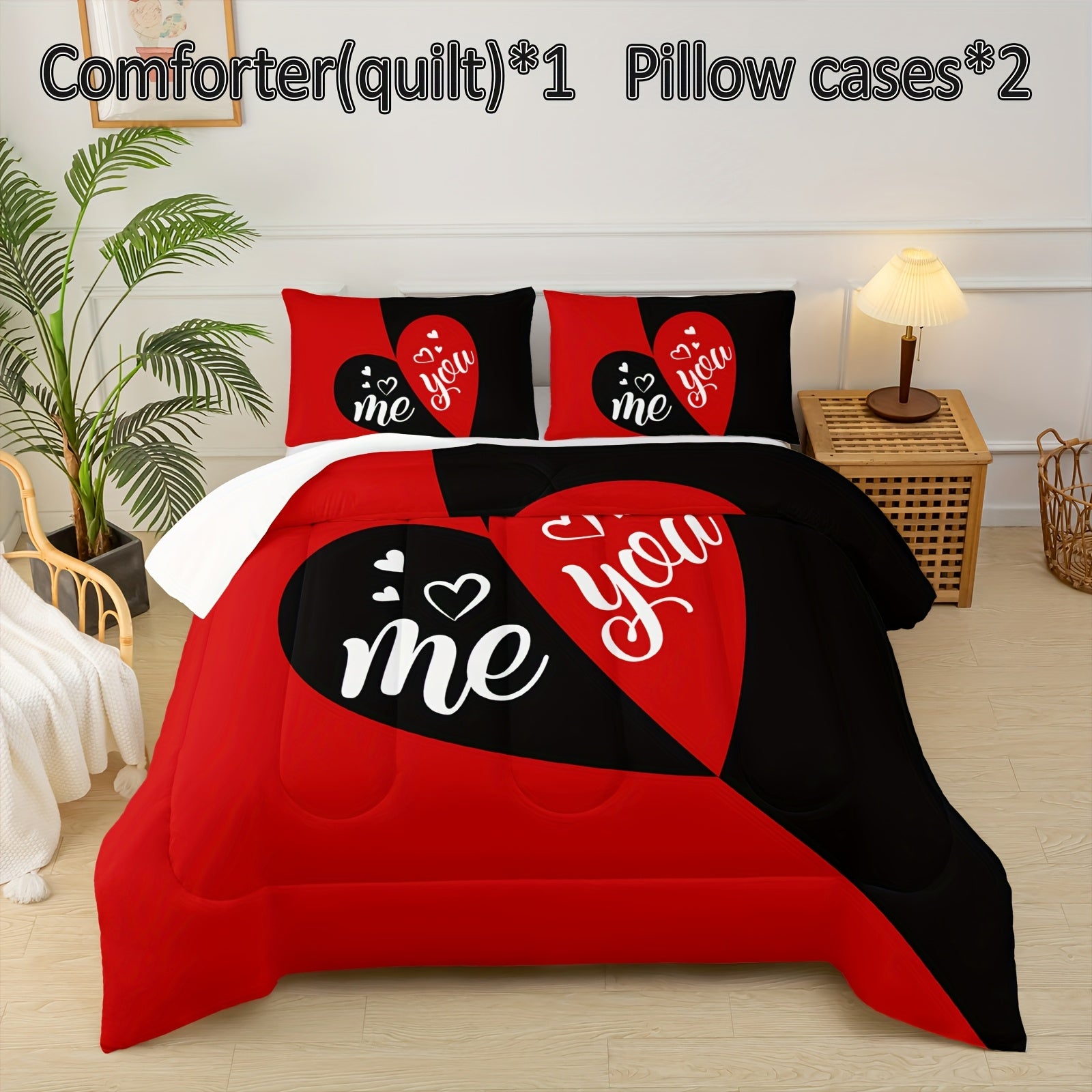 3pcs Mr Mrs Bedding Set Queen, You And Me Comforter for Adults Couple Men Women, Black And Red Bedding Set, His And Hers Comforter, Romance Bedding, Valentine's Day Wedding Gifts, 1 Quilt 2 Pillowcases