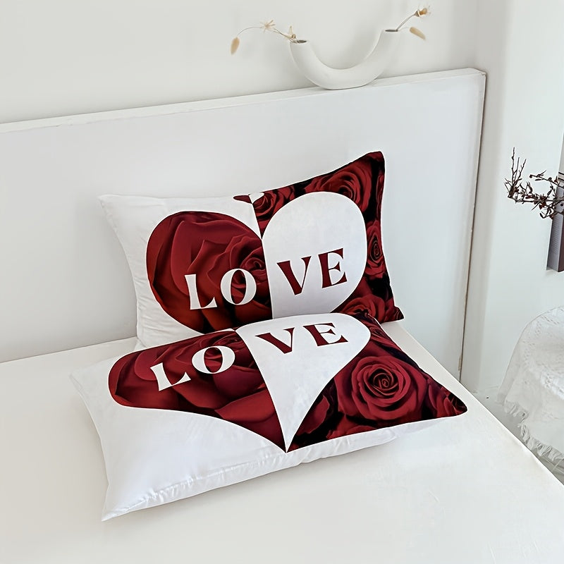 3pcs Red And White Love Heart Bed Sheet(1pc Bed Sheet+2pcs Pillowcase No Filling), Deep Pocket In 15 Inch Machine Washable, Hypoallergenic, High Quality Mattress Protector Bedroom Dormitory High Definition Printing All Seasons Room Decor Couple Gifts