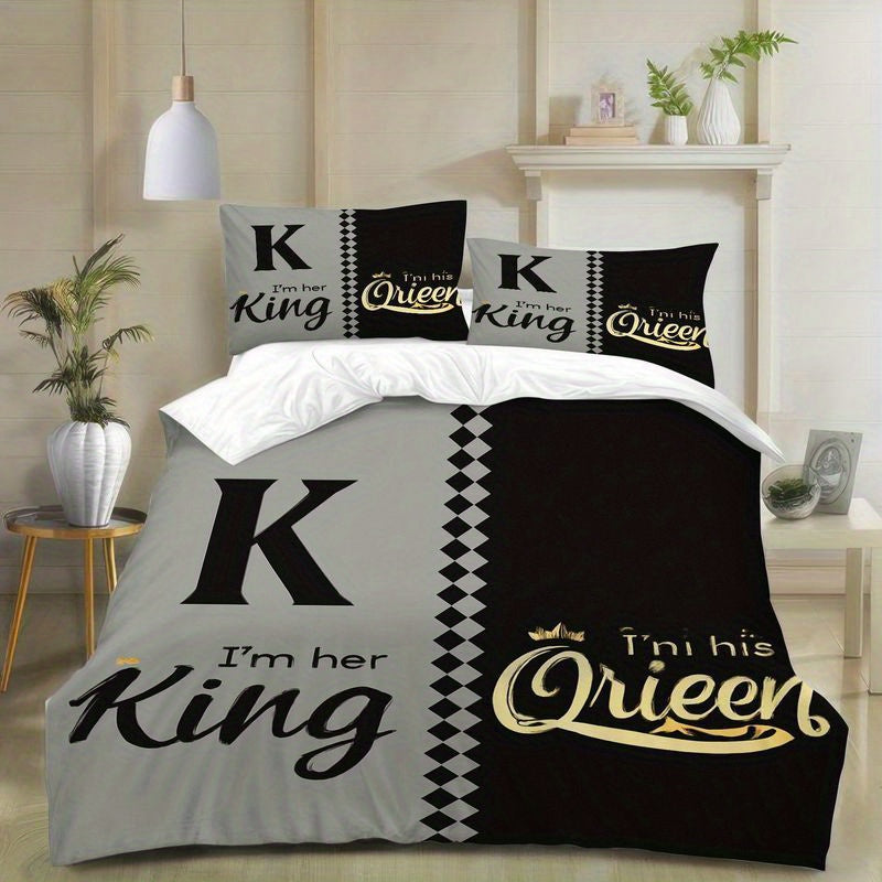 3pcs King Queen Couple Bedding Set Black Gray Design Duvet Cover Matching Pillowcase, Elegant His Queen Her King Crown Pattern Bedding Series Romantic Bedroom Home Decor Gift Soft Comfortable Modern Bedding (1 Duvet Cover + 2 Pillowcases)