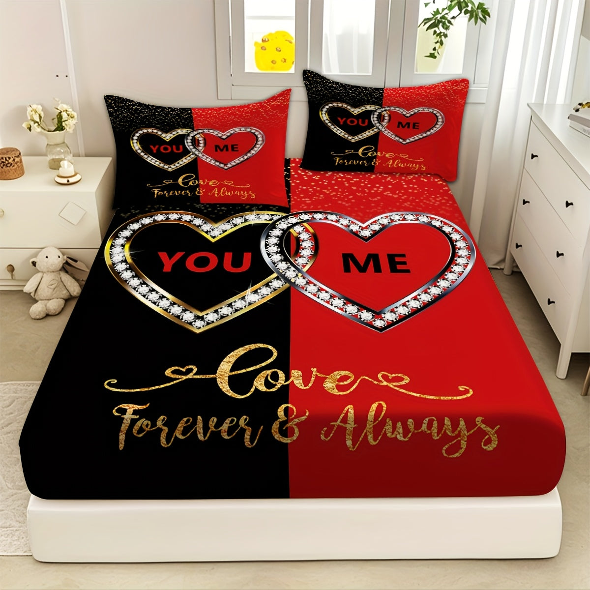 3pcs Creative High-definition Couple Heart Diamond Theme Pattern Printed Bed Hat Set, Super Soft, Comfortable And Breathable Bed Hat, Bedding Mattress Protective Cover + 2 Pillowcases (coreless), Polyester Material. The Polyester Material Fabric