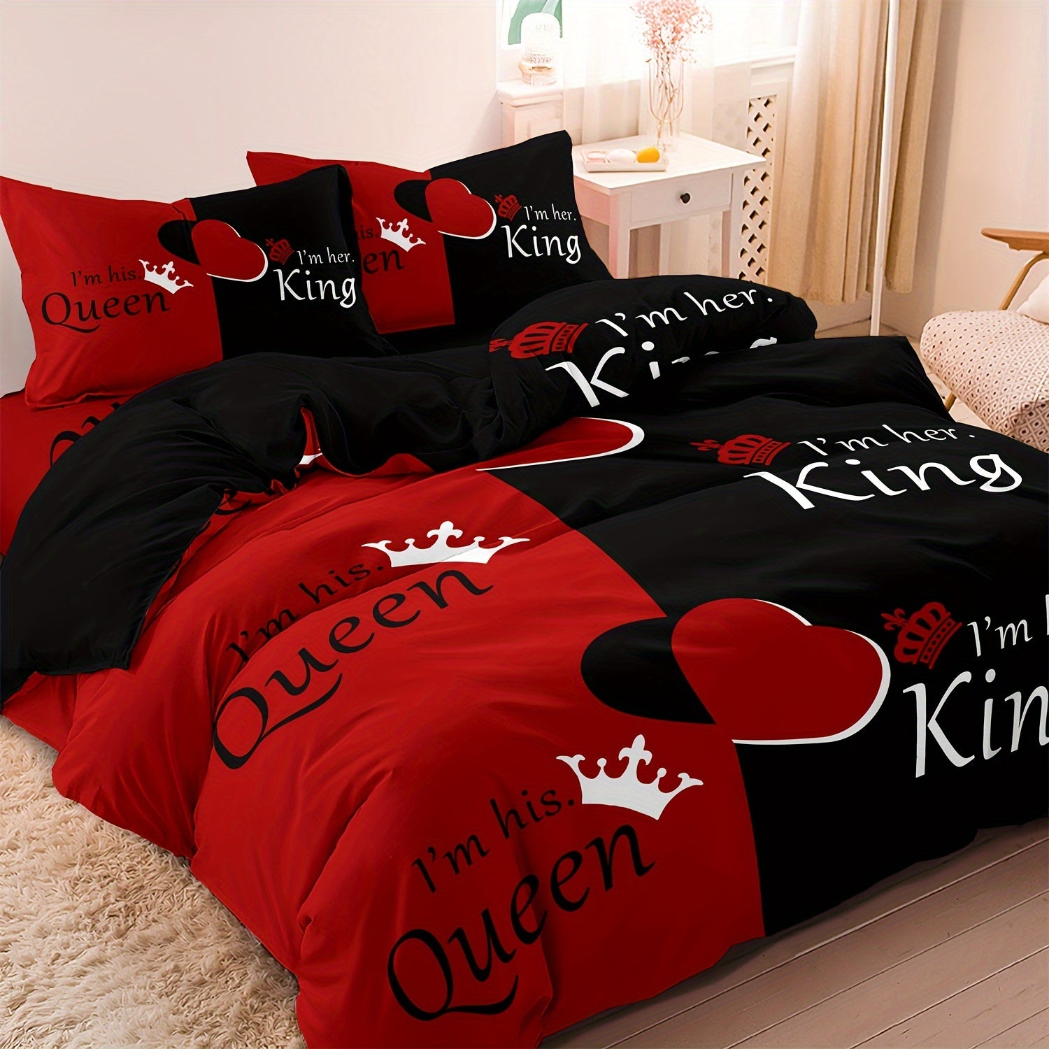 Dark Red And Black Three-Piece Bedding Set with Queen & King Size Featuring Printed English Letters on The Duvet Cover And Pillowcases.