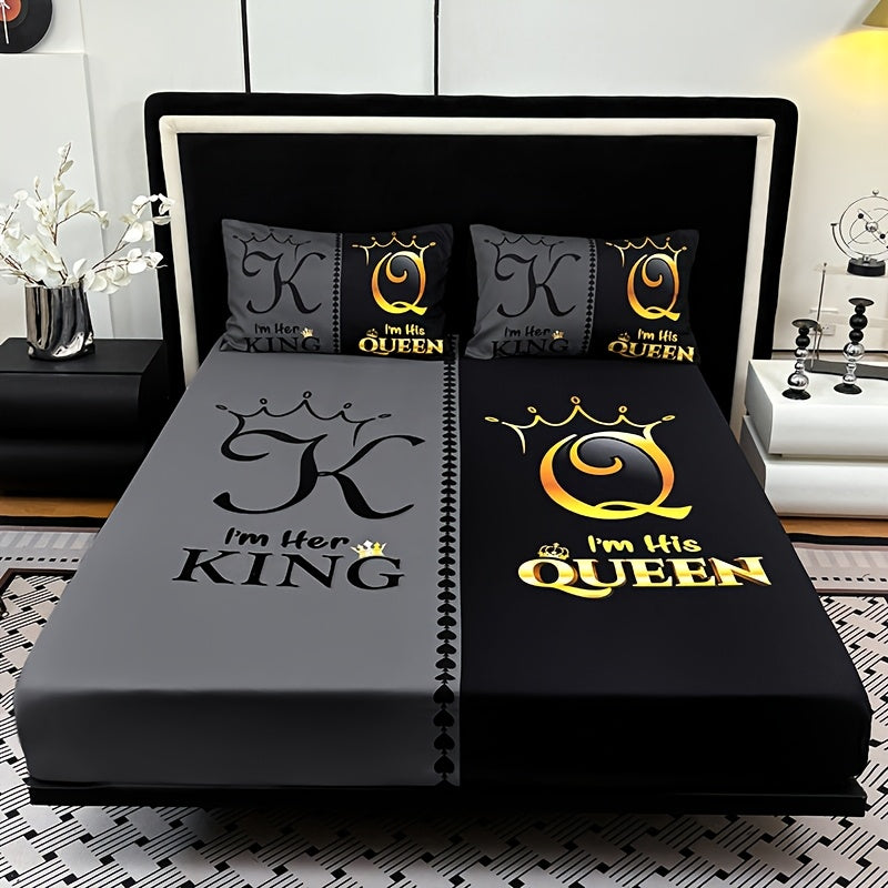 3pcs Super Soft Breathable Black Grey Color Blocking Crown Letter Bed Sheet (1pc Bed Sheet+2pcs Pillowcase No Filling), Deep Pocket In 15 Inch, Mattress Protector Bedroom Dormitory High Definition Printing Suitable For All Seasons Room Decor