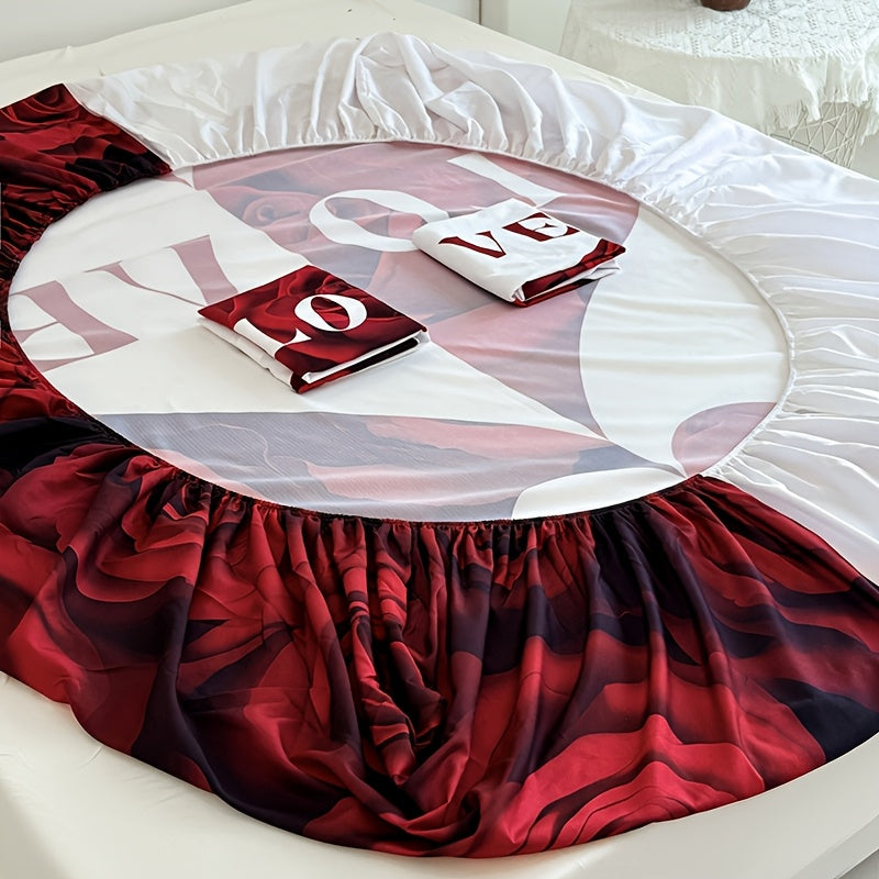 3pcs Red And White Love Heart Bed Sheet(1pc Bed Sheet+2pcs Pillowcase No Filling), Deep Pocket In 15 Inch Machine Washable, Hypoallergenic, High Quality Mattress Protector Bedroom Dormitory High Definition Printing All Seasons Room Decor Couple Gifts