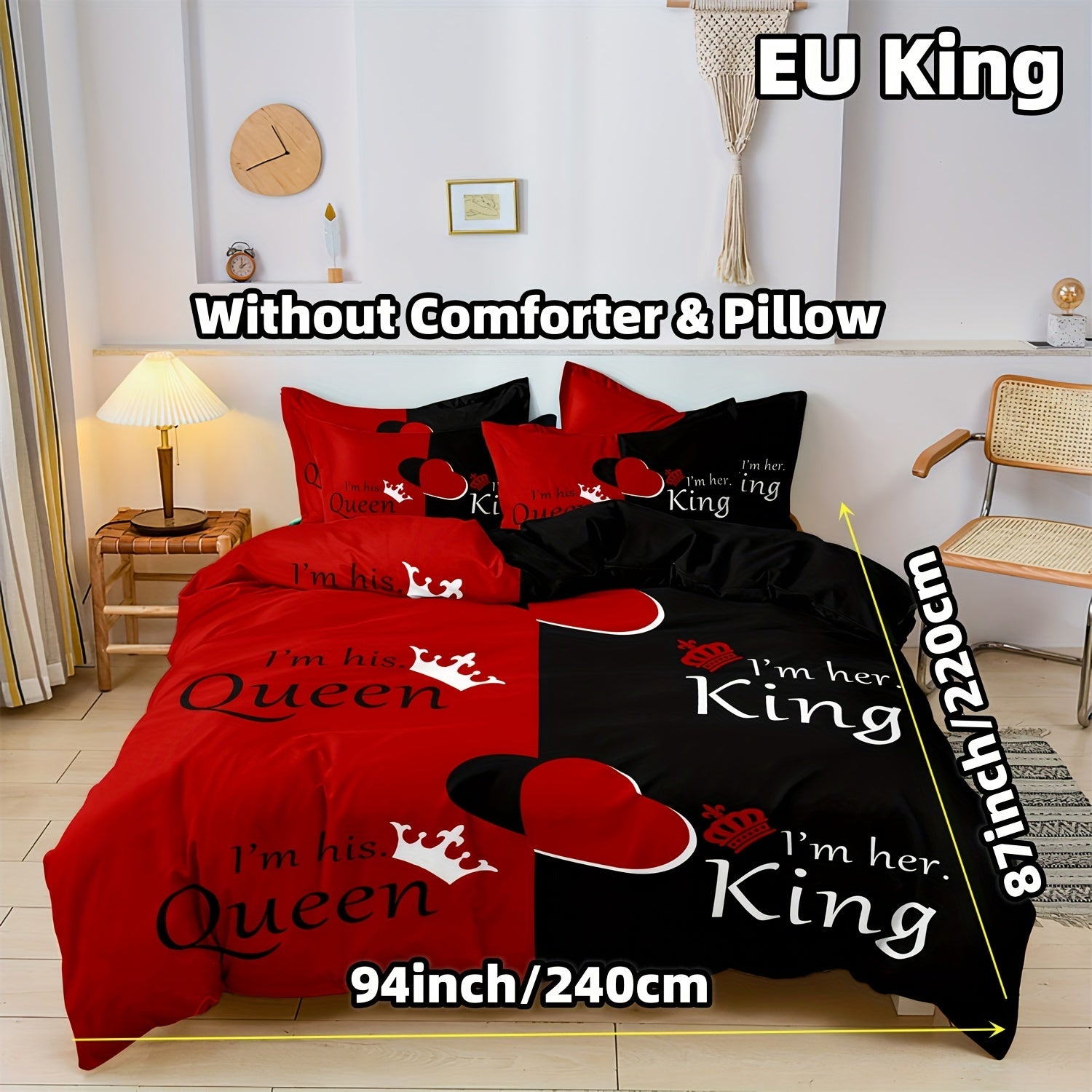 Dark Red And Black Three-Piece Bedding Set with Queen & King Size Featuring Printed English Letters on The Duvet Cover And Pillowcases.