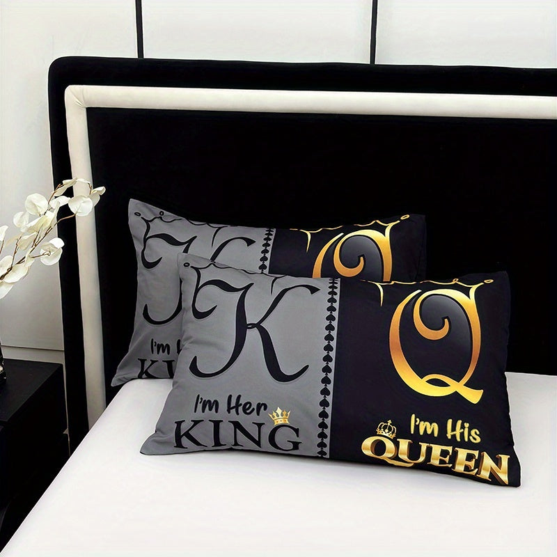 3pcs Ultra Soft Breathable Crown King Queen Letter Duvet Cover Set, 1 Duvet Cover + 2 Pillowcases Without Pillow Inserts, Home Dorm High-Definition Digital Print, Suitable for Bedroom and Living Room Room Decor, All-Season