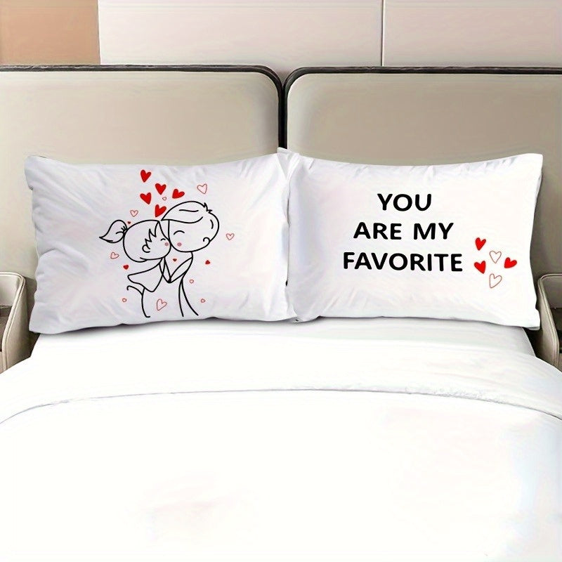 2-Pack Romantic Couple Cartoon Pillowcases - French Style Endless Love Design, Soft Polyester Single-Sided Print, Wrinkle & Fade Resistant, All-Season White Bedding with Zipper Closure (Pillow Inserts Not Included), Bed Room Decor And Accessories