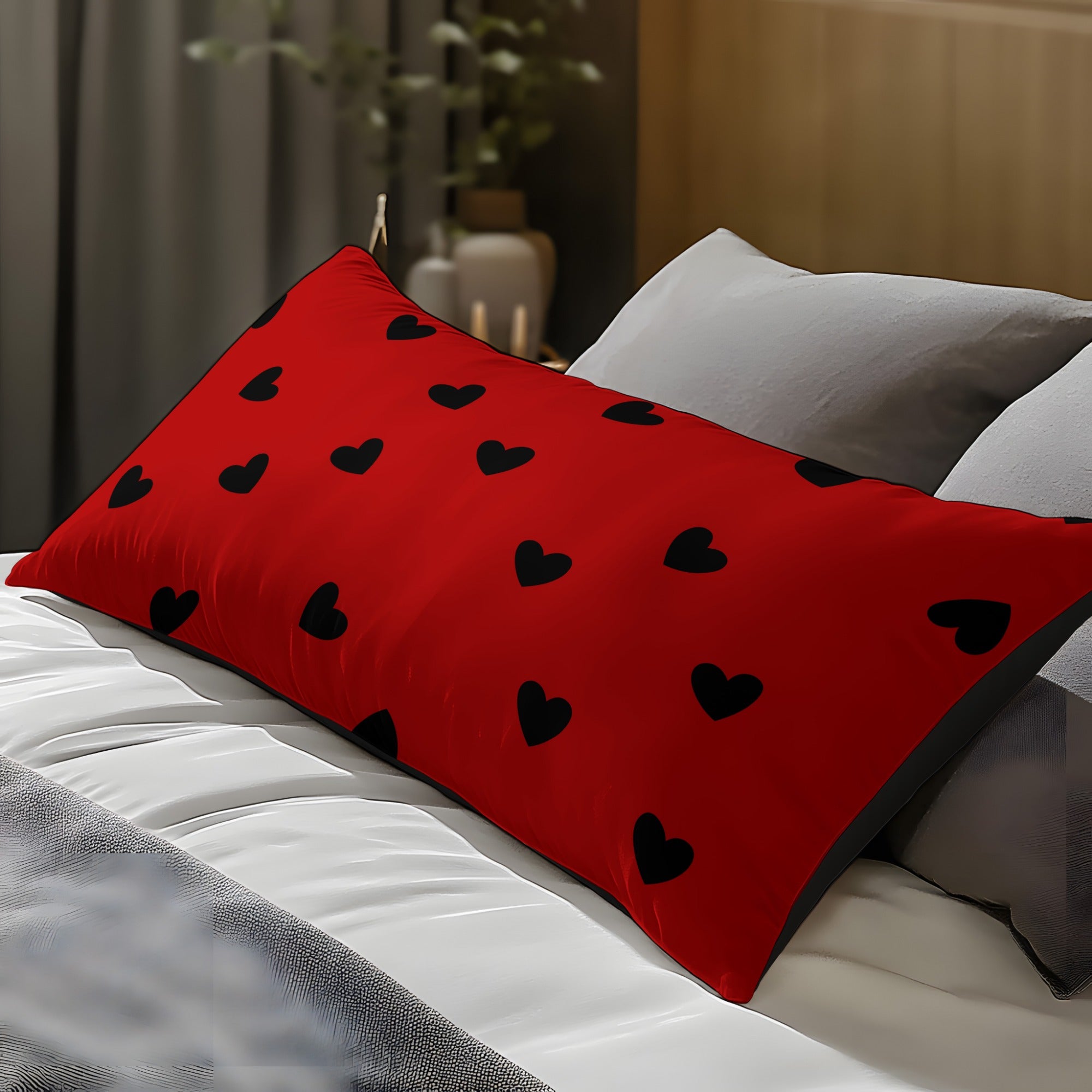 1pc Love-Themed Pillowcase - Large 3D Digital Printed, Soft & Skin-Friendly Polyester, Red with Black Hearts Design, Perfect for Bedroom, Guest Room, or as a Romantic Gift for Couples, Birthdays, and More, Gift Pillow Cover | 3D Printed Design | Soft