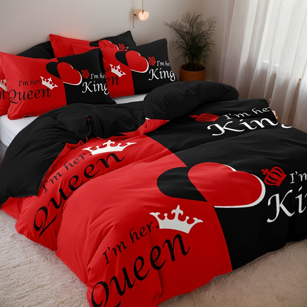 Dark Red And Black Three-Piece Bedding Set with Queen & King Size Featuring Printed English Letters on The Duvet Cover And Pillowcases.