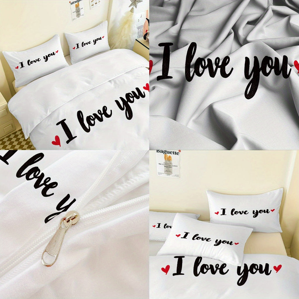 3pcs Romantic White Bed Linen Set Featuring 'I Love You' Design (1 Duvet Cover + 2 Pillowcases, Excluding Insert) - Ideal for Couples And Valentine'S Day