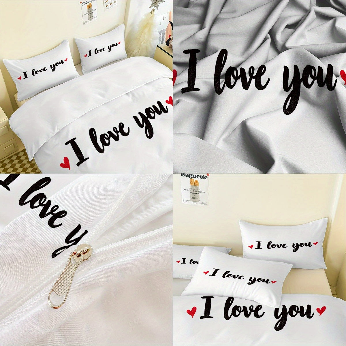3pcs Romantic White Bed Linen Set Featuring 'I Love You' Design (1 Duvet Cover + 2 Pillowcases, Excluding Insert) - Ideal for Couples And Valentine'S Day