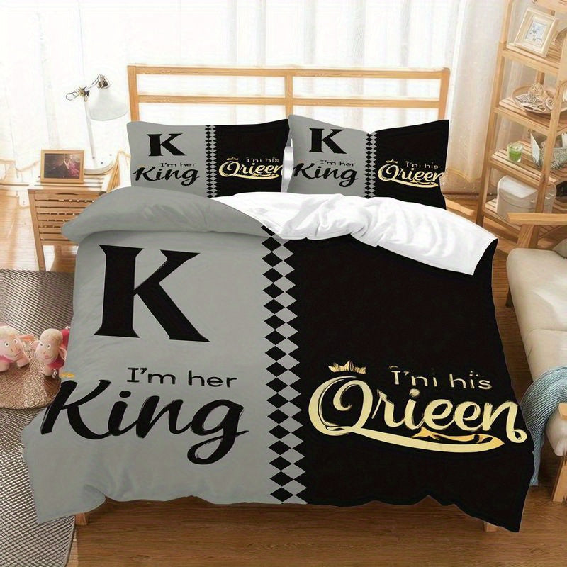 3pcs King Queen Couple Bedding Set Black Gray Design Duvet Cover Matching Pillowcase, Elegant His Queen Her King Crown Pattern Bedding Series Romantic Bedroom Home Decor Gift Soft Comfortable Modern Bedding (1 Duvet Cover + 2 Pillowcases)