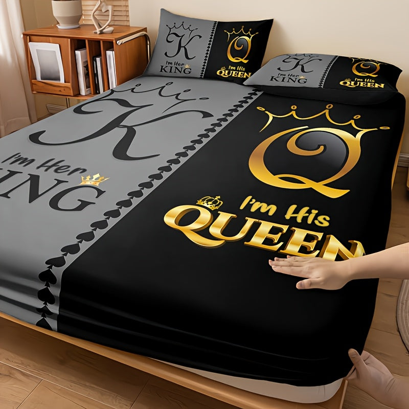 3pcs Royal Crown King & Queen Themed Bedding Set - 100% Polyester Microfiber, Breathable & All-Season, Machine Washable - Includes Fitted Sheet and 2 Pillowcases, High-Definition Digital Print Bedroom Decor