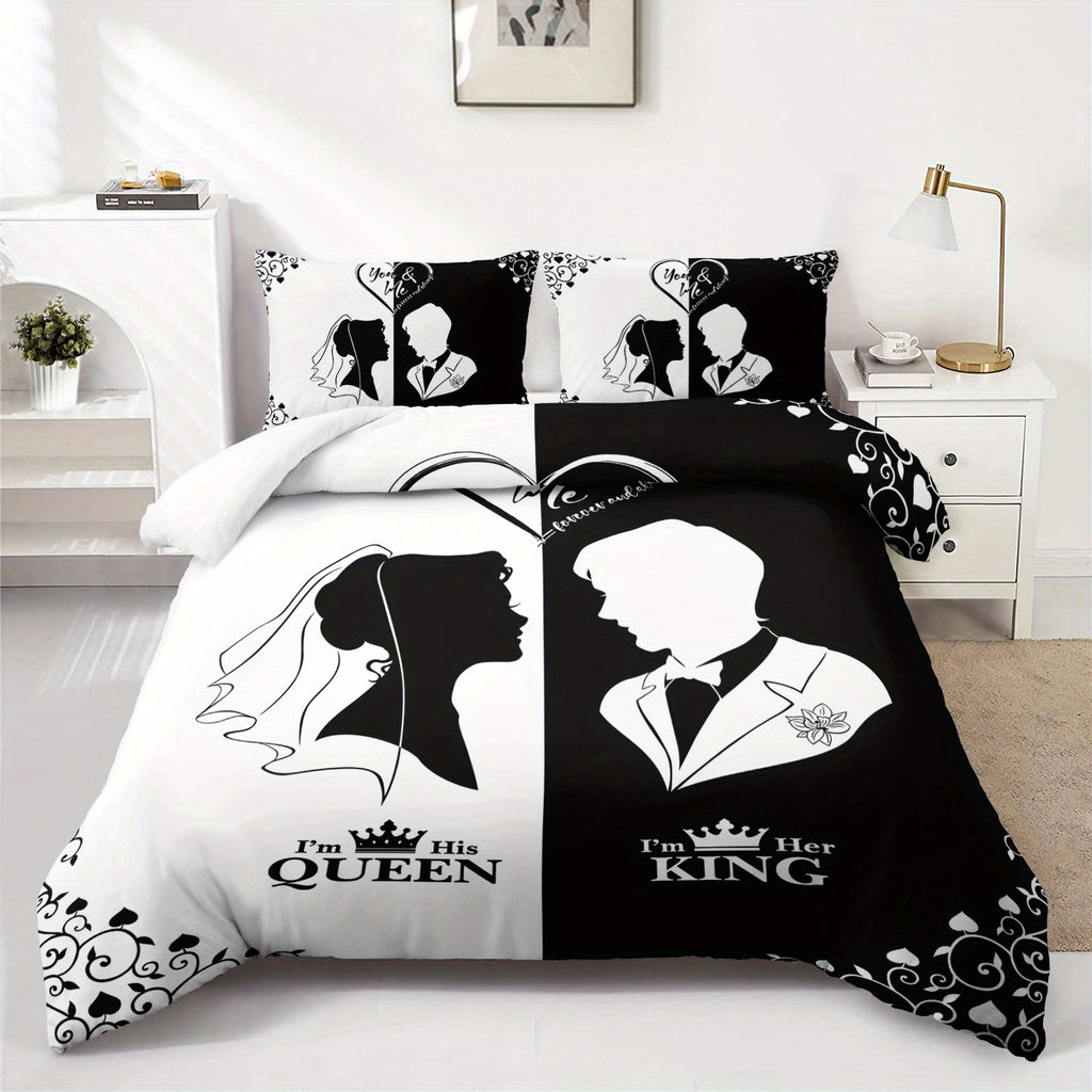 3pcs Black White Couple Silhouette Duvet Cover King Queen Bedding Set Wedding Bedroom Decor Four Seasons (1Duvet Cover + 2Pillowcase NO Comforter)