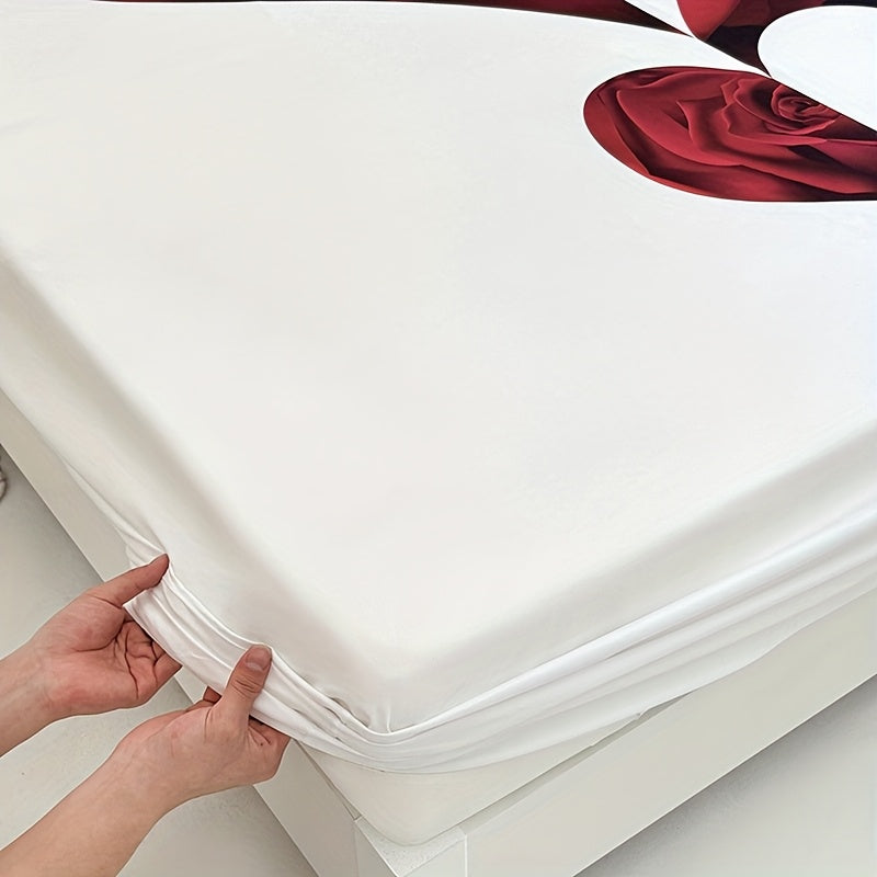 3pcs Red And White Love Heart Bed Sheet(1pc Bed Sheet+2pcs Pillowcase No Filling), Deep Pocket In 15 Inch Machine Washable, Hypoallergenic, High Quality Mattress Protector Bedroom Dormitory High Definition Printing All Seasons Room Decor Couple Gifts