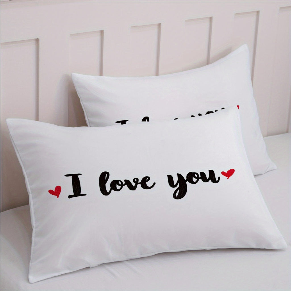 3pcs Romantic White Bed Linen Set Featuring 'I Love You' Design (1 Duvet Cover + 2 Pillowcases, Excluding Insert) - Ideal for Couples And Valentine'S Day