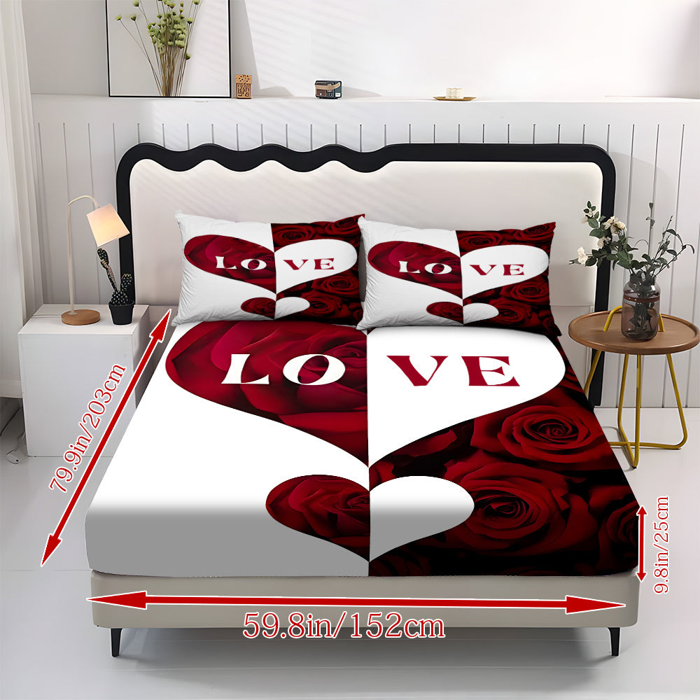 Fitted Sheet 3pcss Set - 3pcss Couples Theme Mattress Protector (1*Bed Sheet 2*Pillowcases, No Core), Stylish, Soft, And Comfortable Bed Sheets, Suitable for Family Bedrooms And Guest Rooms, Universal for All Seasons