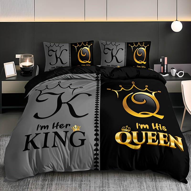 3pcs Ultra Soft Breathable Crown King Queen Letter Duvet Cover Set, 1 Duvet Cover + 2 Pillowcases Without Pillow Inserts, Home Dorm High-Definition Digital Print, Suitable for Bedroom and Living Room Room Decor, All-Season